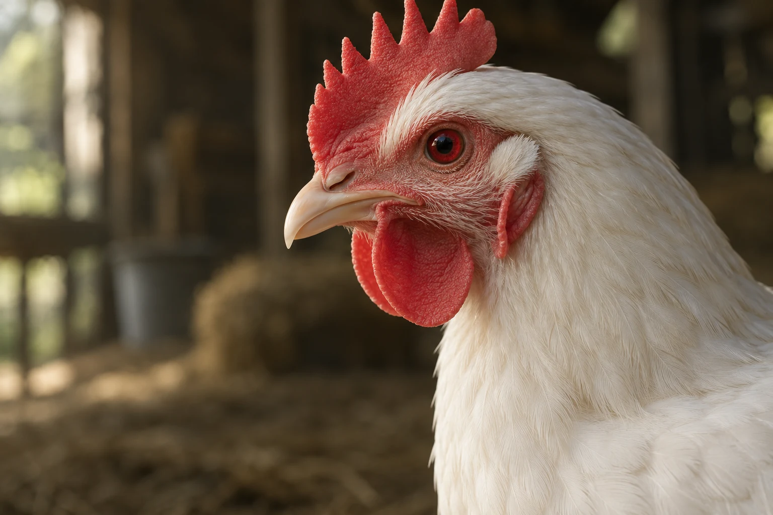 Close-up of a white laying hen with a red-tinted eye, in warm barn light