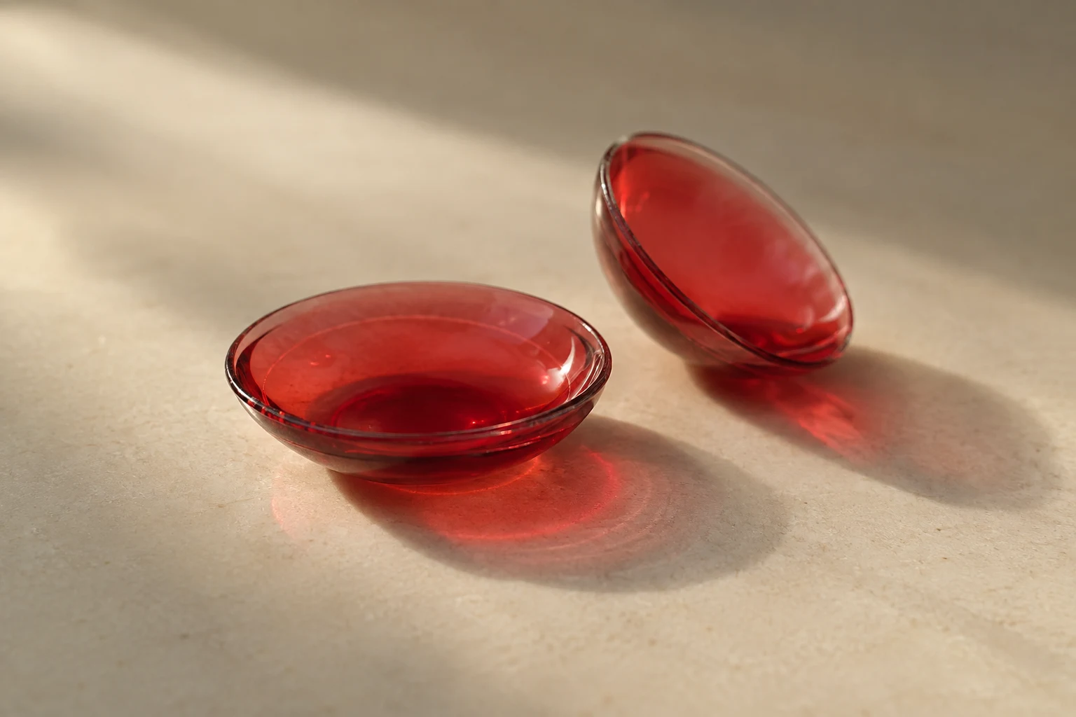 Two translucent ruby-red contact lenses photographed on a warm ivory surface